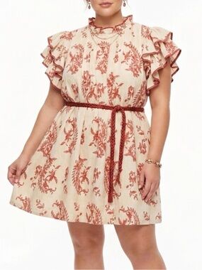 Umgee Womens 1XL Rust Paisley Ruffle Tiered Sleeve‎ Mini Dress Cream Boho TL8213